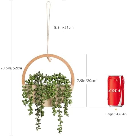 Floweroyal 2pcs Artificial Succulents Hanging Plants 12.2'' Fake String of Pearls in Pot with 8.3'' Lanyard for Indoor Outdoor Wall Decor（Wood Color）. - Image 2