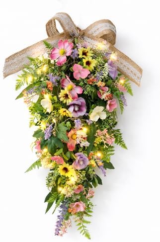 Eksen Spring Teardrop Swag for Front Door with LED Lights, Colorful Floral Swag Artificial Wildflower Greenery Door Decor with Burlap Bow, Farmhouse Spring Hanging Decoration for Porch Wall Window by Homeinnovationlifeasart