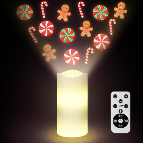 Baquler Christmas Flameless Candles Projector Indoor Candy Projector Light Holiday LED Candle Battery Operated Night Light with Remote Timer Gingerbread Peppermint Party Gift Room Home Decor by Baquler