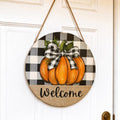 Fall Door Decor Wooden Pumpkin Welcome Sign, Buffalo Plaid Door Hanger by Unknown