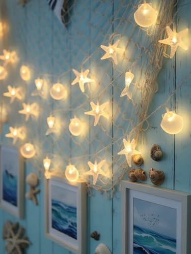 30 LED Mermaid Fairy Lights with Starfish & Seashells, Battery Operated Waterproof Decorative String Lights for Bedroom, Party, Wedding, Garden, Mermaid Theme Decor (Warm White) by Kepabigle