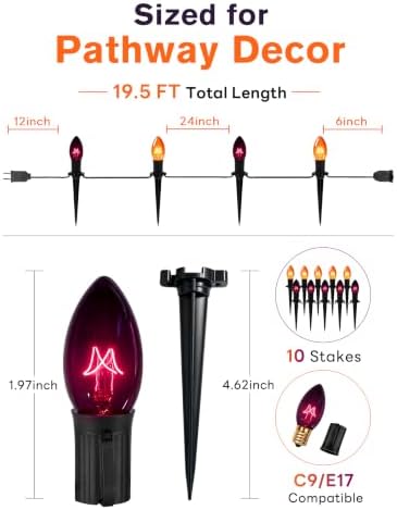 C9 Outdoor Halloween Pathway Lights - 19.5Ft Orange & Black Bulbs with 10 Stakes, Connectable Waterproof Markers for Yard, Lawn & Garden Decor - Image 6