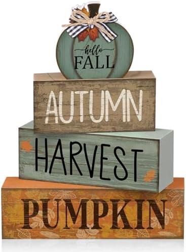 Lineshading 4 Pcs Fall Wood Block Signs Pumpkin Harvest Tiered Tray Decor by Lineshading