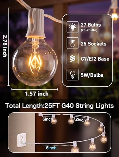 25FT Outdoor White String Lights with 27 G40 Clear Bulbs - Image 2