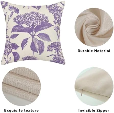 Purple Pillow Covers 16x16 Inch 2 Pcs Boho Vintage Floral Decor Throw Pillows Hydrangea Flower Seasonal Outdoor Farmhouse Neutral Accent Decoration Pillowcase Linen Cushion Cover for Sofa - Image 7