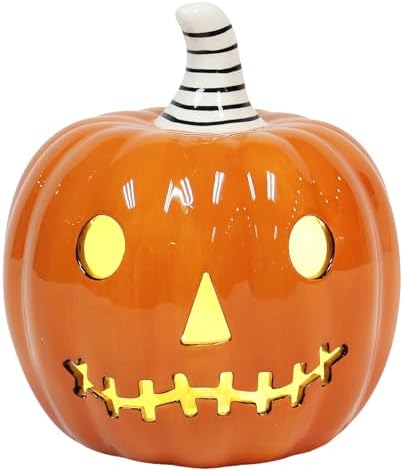 Ceramic Halloween Pumpkin Decor with Built in LED Light Battery Included Glossy Jack O Lantern Tabletop Decoration 5.5" Lighted Pumpkin for Indoor Fall Harvest Home Decor by NaturesMark