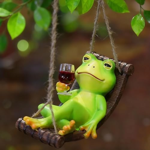 NINIPAPA Frog Garden Decor Outdoor Hanging Frog Wine Statue for Fall Yard Patio Party Decoration, Cute Swing Frog Decor Figurines, Gifts for Mom Dad on Birthday, Valentine's Day Housewarming by NINIPAPA