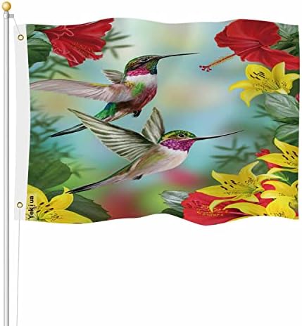 Yekiua Hummingbirds Flag 3X5 Outdoor Two Little Birds Spring Red Flowering Hibiscus Yellow Lilies Double Sided Flags All Weather Long Lasting With 2 Brass Grommets by Yekiua