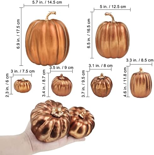 Winlyn 7 Pcs Assorted Sizes Artificial Metallic Bronze Pumpkins Rustic Decorative Fall Foam Pumpkins for Gifts Thanksgiving Halloween Harvest Fall Wedding Table Centerpiece Mantel Shelf Decor - Image 2