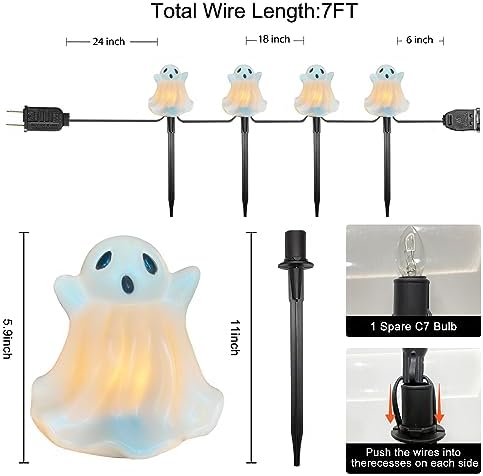 Oviejo Halloween Decorations - Set of 4 Ghost Pathway Stake Lights with C7 Clear Bulbs, 7Ft Waterproof Yard Stakes for Lawn Walkway Driveway Markers - Image 2