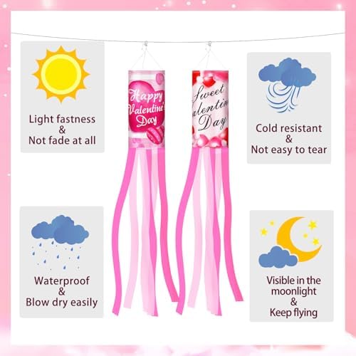 NOVWANG 2 Pieces 40 Inches Valentine's Day Windsock, Valentine Hearts Windsocks Outdoor Hanging Wind Sock for Wedding Anniversary Home Party Yard Garden Patio Decoration - Image 4
