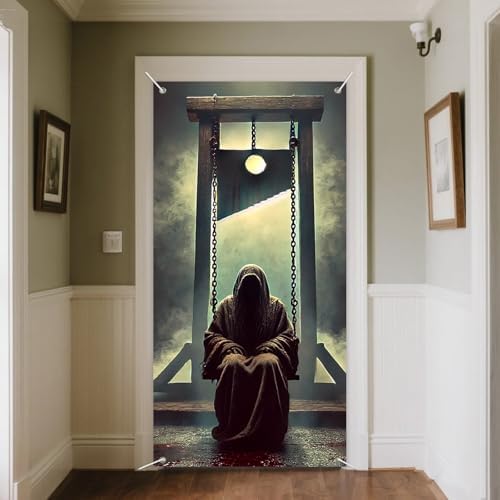 IVN Gothic Execution Door Cover 35x71 Inch Guillotine and Masked Figure Swing Bloody Scene Foggy Gallows Eerie Horror Decor for Front Porch Entryway Wall Decoration Halloween Theme - Image 4