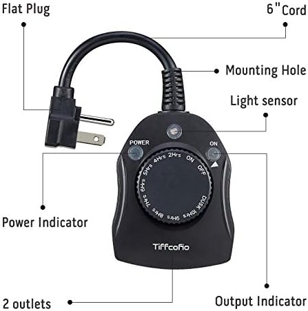 TiFFCOFiO Outdoor Timer Outlet, Dusk to Dawn Light Sensor Timer Weatherproof, 2 Grounded Outlets for Halloween and Christmas Lights, 15A 1/2HP, ETL Listed - Image 7
