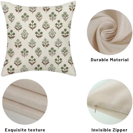 Sage Green Brown Pillow Covers 18x18 Inch 2 Pcs Block Print Vintage Floral Decor Throw Pillows Boho Flower Spring Summer Outdoor Seasonal Decoration Pillowcase Linen Cushion Cover for Couch - Image 7