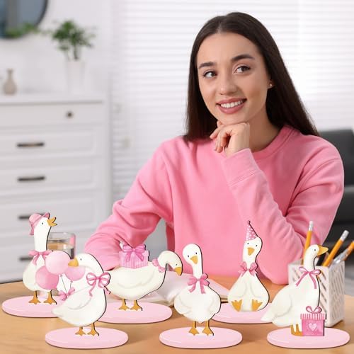Wesiti 12 Pcs Silly Goose Birthday Party Decoration Wooden Pink Bow Silly Goose Birthday Table Centerpiece Shower Decor Funny Table Decoration Gift for pink Party Favor Desk Tiered Tray - Image 5