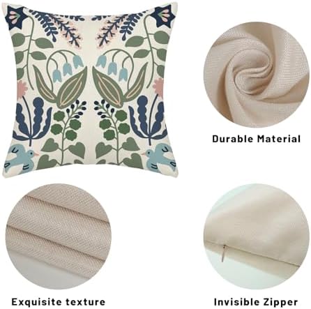 Navy Blue Boho Pillow Covers 20x20 Inch 2 Pcs Sage Green Floral Decor Throw Pillows Vintage Flower Seasonal Spring Summer Outdoor Decoration Pillowcase Linen Cushion Cover for Couch Sofa - Image 7