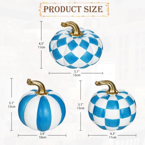 Briful 3-Piece Blue and White Resin Pumpkin Set, Coastal Fall Decor - Image 2