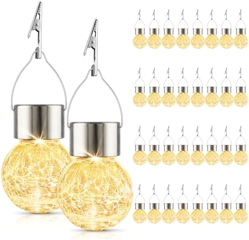 Solar Lights Outdoor Decorative 32 Pack, Hanging Solar Garden Lights Waterproof, Solar Powered Globe Lantern Cracked Glass Ball Lights for Yard Patio Fence Tree Umbrella Holiday Decoration, Warm White by PARTPHONER