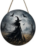 Halloween Gothic Witch Round Door Sign, 10 Inch Wooden Hanging Plaque with Rope, Rustic Retro Wall Decor for Home Porch Entryway Halloween Party Decoration - A07 by Yhtmbf