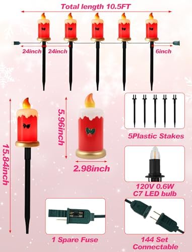 10.5FT Christmas Pathway Lights, 5PK LED Candle Yard Stake Lights - Image 2