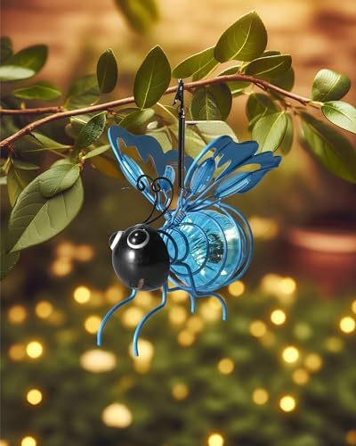 Lighted Outdoor Display - Solar Powered Hanging Bee Decor with Bouncy Springs - Outdoor Hanging Solar Lights for Christmas Garden, Yard, Patio, Porch (Blue) by GoGnome