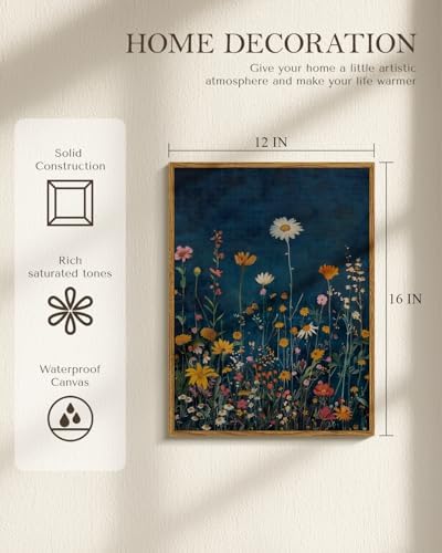 WHASAYART Botanical Floral Canvas Print 12x16 Framed Wildflower Wall Art, Rustic Dark Blue Colorful Flower Artwork, Vibrant Vintage Painting Living Room Kitchen Bedroom Hallway Home Decor - Image 2