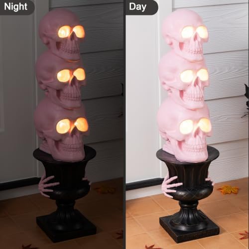 Glitzhome 31.50" H Halloween Lighted Stacked Skull Porch Decor,Pink MGO Skeleton Statue with Black Urn & Timer, Scary Halloween Decoration for Front Door Outdoor Indoor Yard Party - Image 2