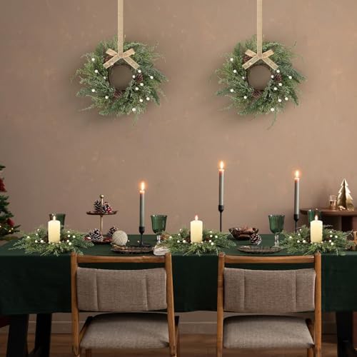 18 PCS Christmas Wreath Christmas Kitchen Cabinet Wreaths with Burlap Ribbon Mini Wreath Pine Garland Frosted Cedar Pine Cone Hanging Garlands Candle Rings for Front Door Window Chair Wall - Image 4