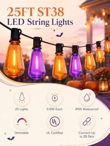 25Ft ST38 Halloween Outdoor String Lights with 27 LED Orange Purple Bulbs - Image 5