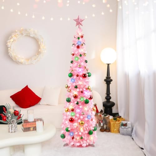N&T NIETING Pop Up Christmas Tree with Lights & 30 Balls, 5Ft Collapsible Pink Tinsel Tree Decorations for Holiday Home Office Decor, Pink - Image 2