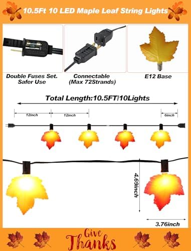 10.5FT 10 LED Fall Decorations Maple Leaves String Lights Outdoor Plug in - Image 2