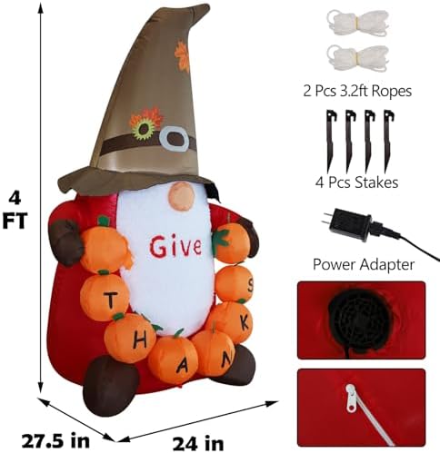 Juegoal Thanksgiving Inflatable Gnome, 4 FT Lighted Cute Gnome with Pumpkins, Blow up Animated Fall Decor, Light Up for Autumn Harvest Outdoor Indoor Holiday Home Party Yard Lawn Garden Display - Image 2