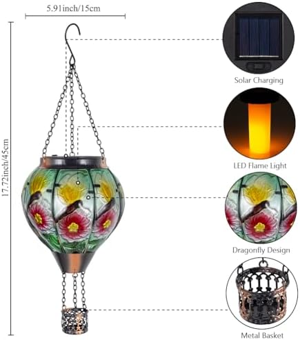 STARSOUL Dragonfly Solar Hot Air Balloon Lantern with Flickering Flame, Hanging Solar Lantern Outdoor Waterproof, Hot Air Balloon Solar Light Decorations for Garden Yard Lawn Porch Porch Backyard - Image 3