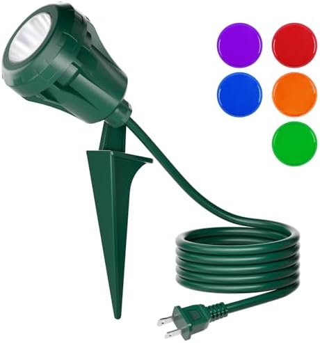 Christmas 120V LED Outdoor Spotlights, 5 Extra Lenses (RGB Purple Blue), 7.5W 800LM Waterproof Spotlight Outdoor, Plug-In Landscape Light for Yard, Halloween, Christmas, Tree Flag Light, ETL Listed by ISLEWIRE