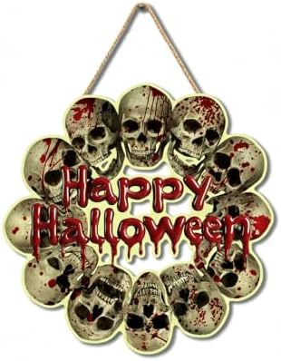 Bloody Skull Halloween Door Hanger Hanging Plaque, Happy Halloween Blood Wooden Sign, Creepy Skull Door Wreath Front Door Signs for Haunted House Front Porch Party Decoration by BHOOKA