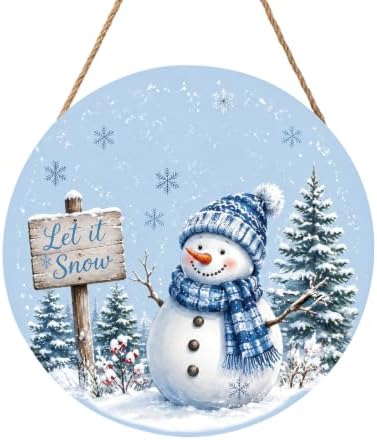 Winter Sign for Front Door Decor Christmas Snowman Snowflake Round Outdoor Hanging Wooden Door Sign for Porch Xmas Let It Snow Farmhouse Wreath Hanger Sign for Outside Indoor Wall Decoration 12"X12" by Unknown