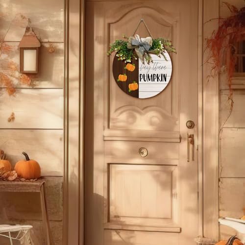 Fall Pumpkin Door Wreath Wooden Autumn Sign with Bow for Front Door Hey There Pumpkin Porch Hanging Signs Farmhouse Wall Garden Outdoor Decor - Image 2