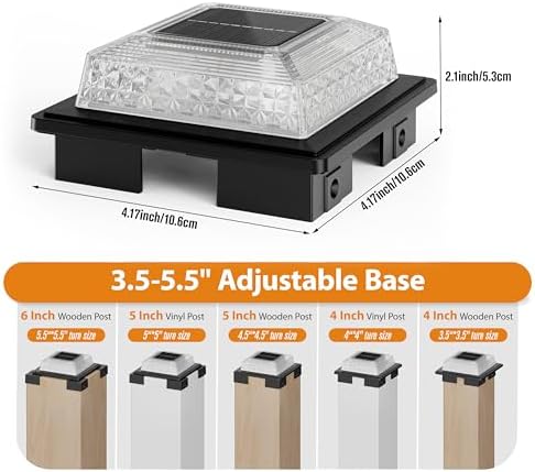 APONUO Solar Post Cap Lights, 3 Color Modes & 2 Brightness, Adjustable Base Fits 4x4 5x5 6x6 Posts (3.5-5.5 Inch), IP65 Waterproof, Deck & Fence Post Lights Solar Powered with Screws, Black, 6 Pack - Image 2