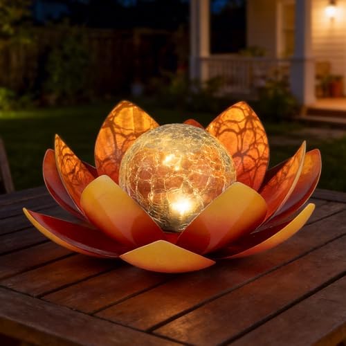 Huaxu Solar Lights Outdoor Garden Decoration Crackle Globe Glass Waterproof LED Metal Orange Lotus Flowers Gift for Mom,Women,Patio,Lawn,Walkway,Tabletop,Ground by Huaxu