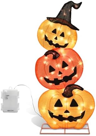 Halloween Lighted Stacked Pumpkins Decoration, Pre-Lit with 50 Warm White Lights Jack-O-Lantern Pumpkins Lights, Halloween Light Up Pumpkin for Indoor, Outdoor, Porch, Yard, 39’’ H - Image 2