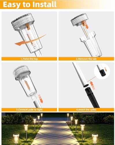 DERAYSION 12 Pack Solar Pathway Lights Outdoor, Solar Powered Garden Lights Auto On/Off, Waterproof Stainless Steel Pole Landscape Lighting for Path, Yard, Walkway, Driveway Decor - Warm White - Image 7