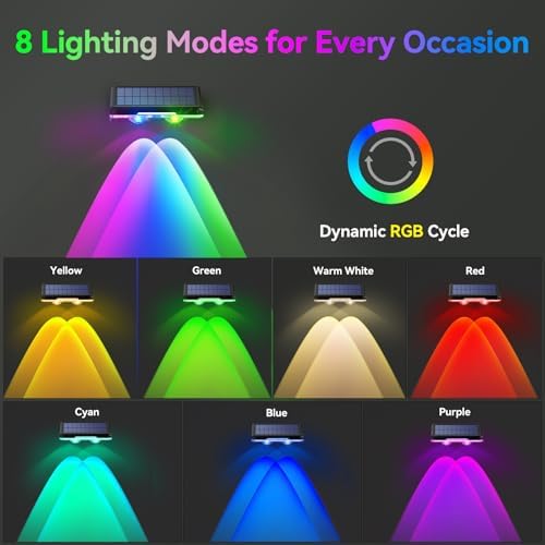 TECKNET Solar Fence Lights Outdoor 8 Pack, Warm White & 6 Colors & RGB, IP66 Waterproof LED Deck Light, Dusk to Dawn Fence Lights Solar for Wall, Railing, Step, Patio, Pool, Backyard, Outside - Image 2