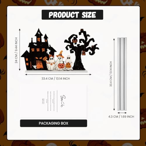 Smile Halloween Wooden Standing Decor Set Ghost Haunted House and Tree - Image 2