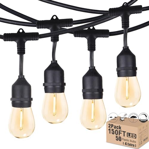 Outdoor String Lights LED 150FT Waterproof Heavy-Duty Patio Lights String with 50 Dimmable Shatterproof Plastic Edison Bulbs(4 Extra) for Gazebo Pergola Bistro Lights Connectable by Meidaoduo