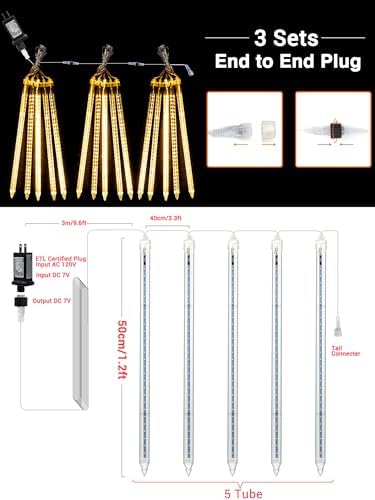 Flacchi Meteor Shower Icicle Lights - 5 Tubes 20" Each 270 LED Cascading Raindrop Lights, Timer Outdoor Waterproof Christmas Decorations for Holiday Party(Warm White) - Image 3