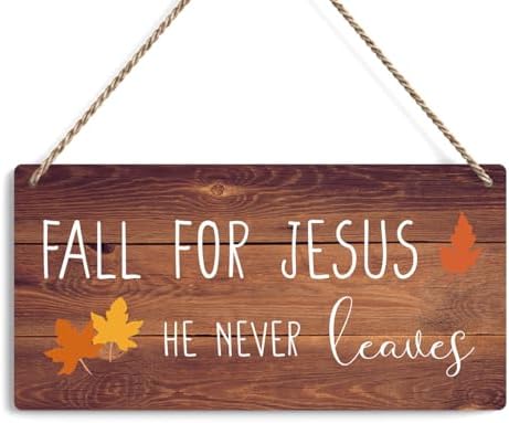 FREHVN Fall Decorations for Home Office Front Door - 'Fall for Jesus He Never Leaves' Sign - Autumn Wall Hanging Decor 12 X 6 Inch by FREHVN