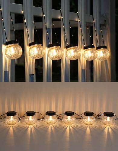 PARTPHONER Solar Lights Outdoor Waterproof 12-Pack, Solar Powered Hanging Lantern Ribbed Glass Hanging Globes for Yard Decor Christmas Decoration, Shepherd Hook, Garden Tree Ornaments, Clear by PARTPHONER