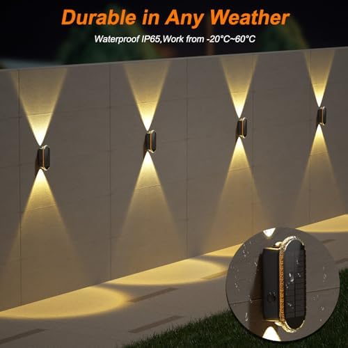 Ellasay Solar Fence Lights Outdoor: 6-Pack Solar Powered Wall Lights Up and Down Waterproof IP65-3 Color Brighter LED Focus Lens SolarLights Dusk to Dawn 12h for Patio/Backyard/Porch/Railing - Image 6