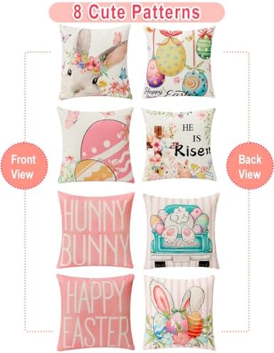 multiwins 8-Sided Easter Pillow Covers Set of 4 with 2 Wooden Bunny Decorations, 18 x 18 Inch Reversible Decor with Bunny, Floral Eggs & “He is Risen” Prints for Indoor/Outdoor, Spring Holiday Decor - Image 2