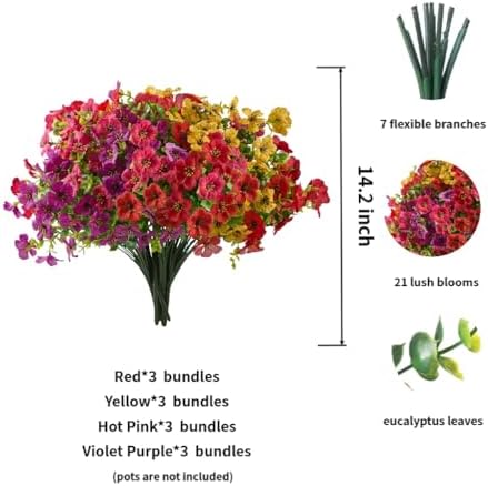 Artificial Outdoor Flowers UV Resistant Fake Plants Greenery 12 Bundles Faux Silk Daisy with Eucalyptus Leaves Summer Outdoor Memorial Day Decor for Porch Patio Yard Garden, Mixed 4 Colors - Image 3